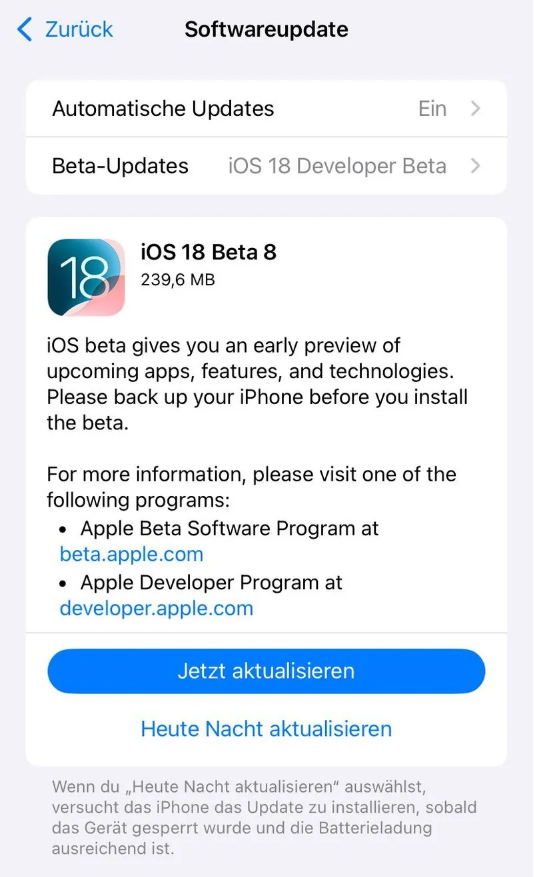 浮山苹果手机维修分享苹果 iOS / iPadOS 18 开发者预览版 Beta 8 发布 